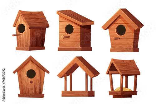 Set wooden bird feeder and bird house with roof, hole and seeds isolated on white background. Hanging construction, bird care.