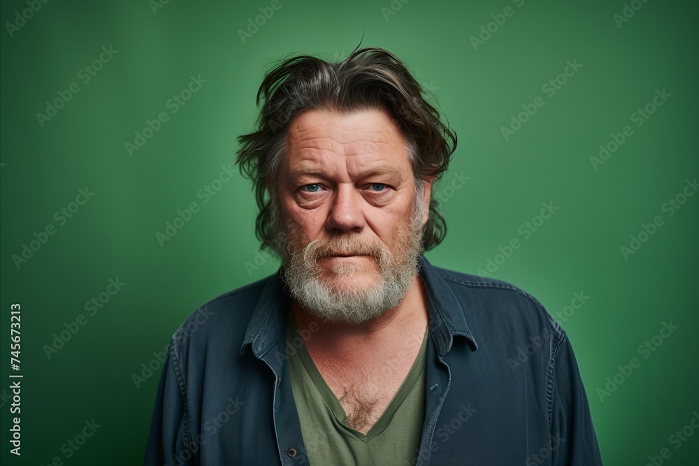 Portrait of a middle-aged man with a gray beard and mustache on a green background Portrait of a middle-aged man with a gray beard and mustache on a green background
