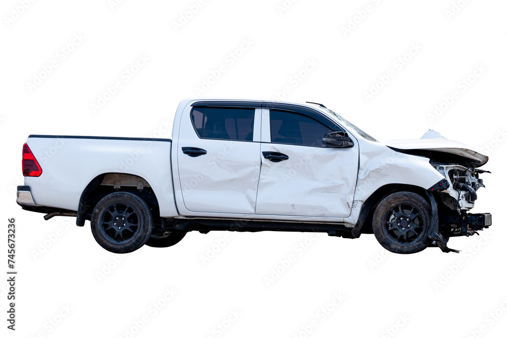 Car crash, Side view of white pickup car get hard damaged by accident on the road. damaged cars after collision. isolated on transparent background, PNG File Car crash, Side view of white pickup car get hard damaged by accident on the road. damaged cars after collision. isolated on transparent background, PNG File