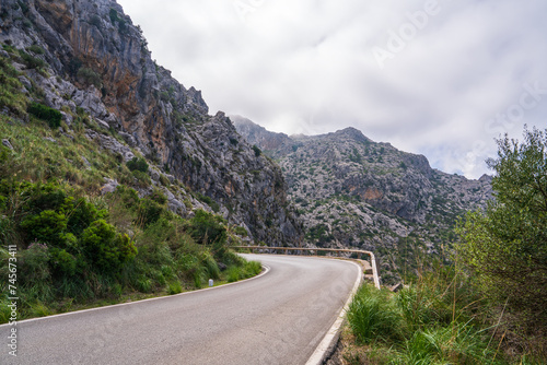 Clouds on the famous winding road in Sa Calobra on the island of Mallorca  Spain. Dangerous road turn in the clouds Travel around the island.