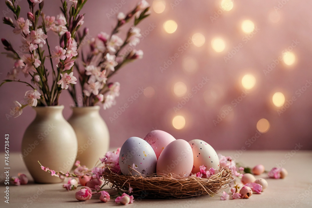 Easter eggs in a nest with pink flowers on a light background Easter eggs in a nest with pink flowers on a light background