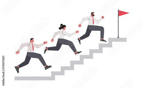 Group of business people running up stairway. Teamwork to success together or business competition concept. Flat vector illustration isolatedon white background.