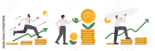 Financial growth vector illustration set. Business people investing money. Financial success and money growth. photo