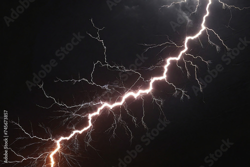 Lightning strike in the night sky, closeup of photo.