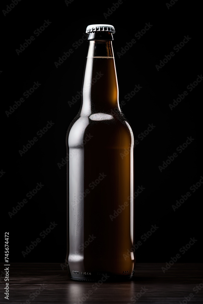 Brown bottle of beer placed on top of a wooden table, ready to be enjoyed in a casual setting Brown bottle of beer placed on top of a wooden table, ready to be enjoyed in a casual setting