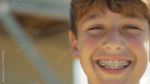 A close-up of a cheerful young boy smiling with dental braces, capturing the brightness of youth and the journey towards a perfect smile