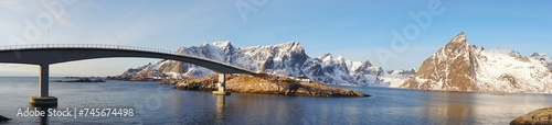 Beautiful parnoramic view of bridge and snow mountain.  photo