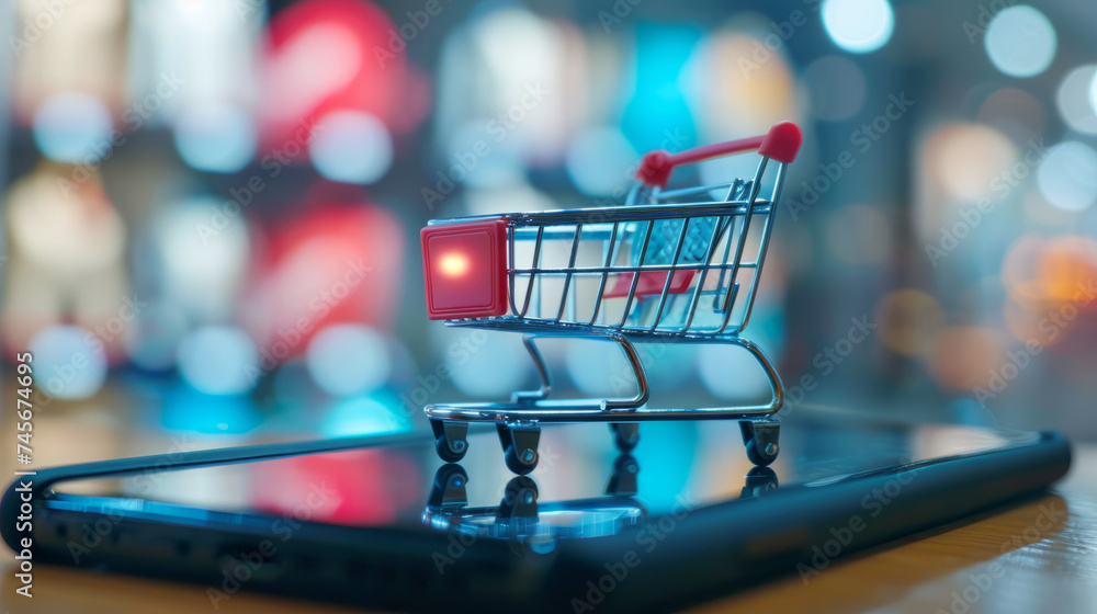 A miniature shopping cart on a smartphone screen, representing online shopping and e-commerce trends.