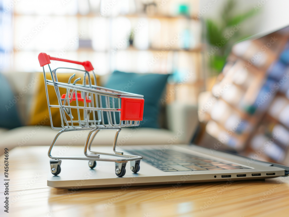 A mini shopping cart on a laptop keyboard symbolizes the convenience of online grocery shopping and home delivery services.