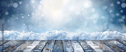 Winter Whimsy - Snow-Adorned Table Plank Beneath a Cold Sky with Falling Snowflakes. Made with Generative AI Technology © mafizul_islam