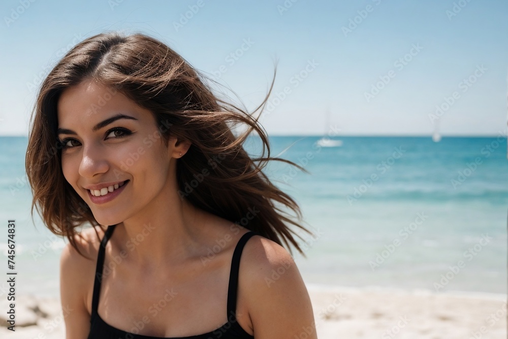 Portrait of a stylish woman standing at the beach under the sun with copy space. Portrait of a stylish woman standing at the beach under the sun with copy space.