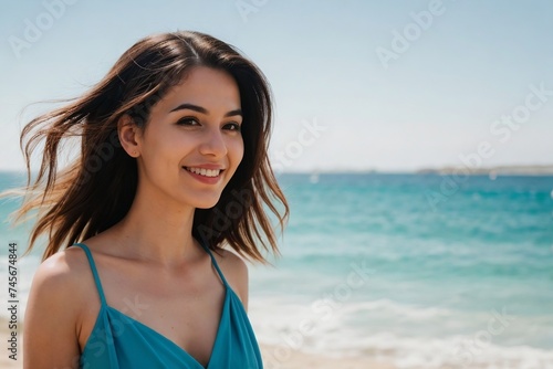 Portrait of a stylish woman standing at the beach under the sun with copy space.
