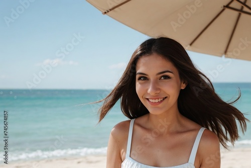 Portrait of a stylish woman standing at the beach under the sun with copy space.