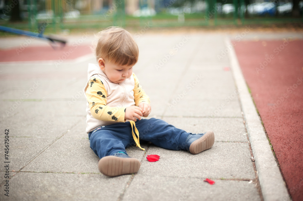 Fototapeta premium Curious toddler examines a red leaf on a warm, sunlit day at the park. Concept of love, care, parenthood