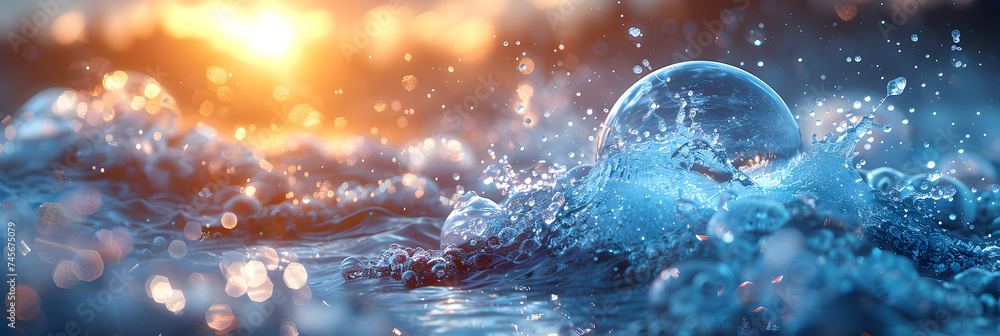 Smooth water wave reflects vibrant colors in nature beaut,
Water splash with radiant reflections 

 - obrazy, fototapety, plakaty 