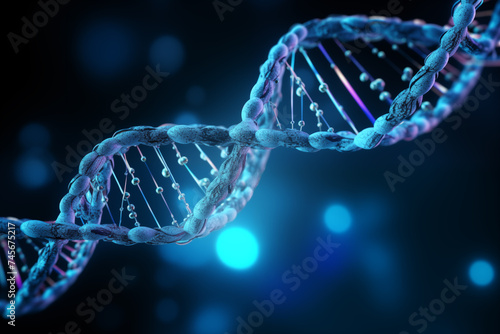 DNA double helix with blue and white lighting against a dark background, highlighting its twists and nucleotide bonds, symbolizing biotechnology and genetics research.