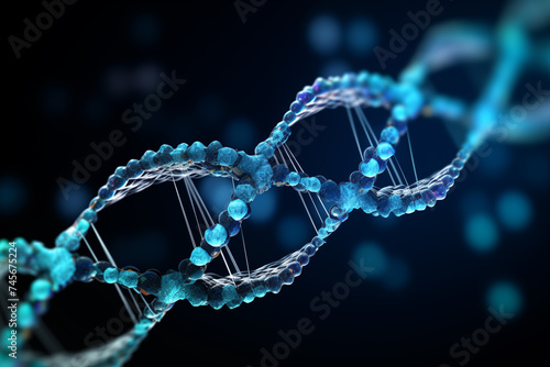 DNA double helix with blue and white lighting against a dark background, highlighting its twists and nucleotide bonds, symbolizing biotechnology and genetics research. photo