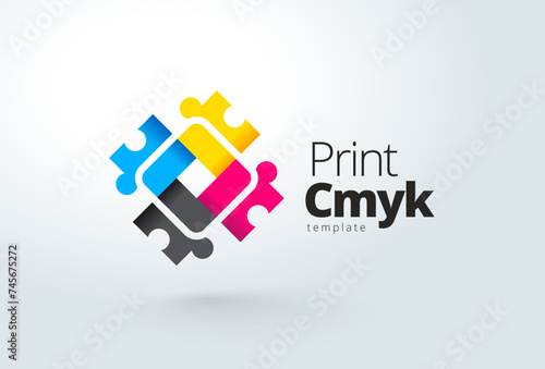 Logo Print CMYK color theme. Colored puzzles. Template design vector. White background.