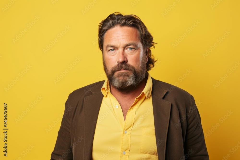 Portrait of a man with a beard on a yellow background.
