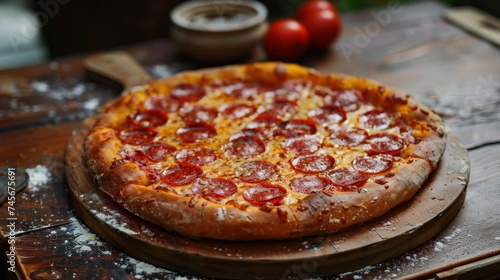 Pepperoni Pizza with Mozzarella cheese  salami. Italian pizza. Delicious fast food. Close-up. 
