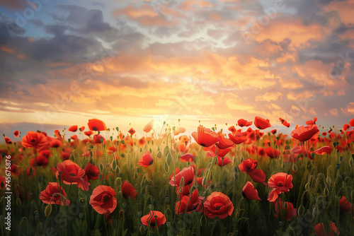 A watercolor painting depicts a poppy field stretching towards a peaceful sunset  symbolizing the hope for lasting peace