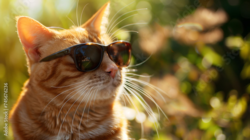 Cute orange tabby cat wearing sunglasses in bright summer background.