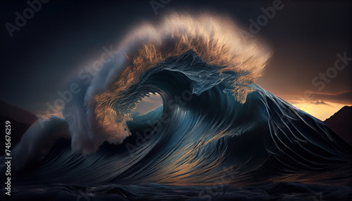 Fototapeta Naklejka Na Ścianę i Meble -  Super high wave in the gloomy light of sunset. AI generated.