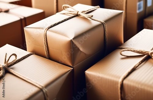 Gift box in kraft paper on background of other boxes