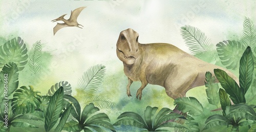 Billede på lærred Watercolor illustration of banner or frame with a dinosaur Tyrannosaurus rex and pterodactyl in green jungle with palm leaves, watercolor texture, handmade