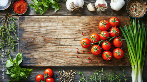 Fresh tomatoes on the vine, herbs, and spices surrounding a rustic wooden cutting board on a dark surface.