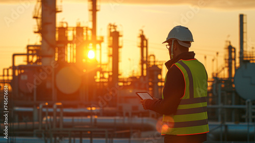 Silhouetted worker with tablet at refinery during golden hour.