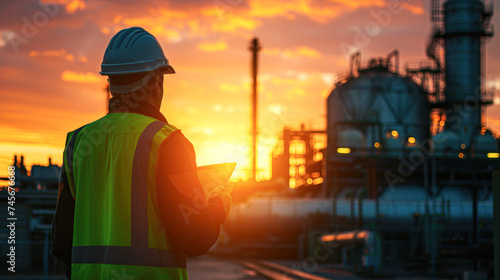 Silhouetted worker with tablet at refinery during golden hour. © Kowit