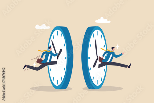 Time management or time travel to the future, time flied fast to work deadline, productivity or efficiency, effort or work schedule, evolution concept, businessman jump into clock to the future.