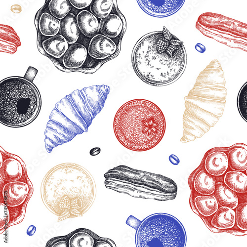 French pastries seamless pattern. Vintage bakery sketches. European cafe menu design. France background. Hand-drawn vector illustration, NOT AI generated