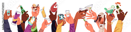 People hold different alcohol cocktails set. Glasses with martini, wine, champagne, energy drink cans, beer bottles in hands. Friends chin, cheers on party. Flat isolated vector illustration on white photo