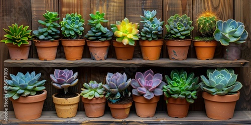 Displaying a row of succulents in pots on a wooden shelf. Concept Succulent Arrangement, Home Decor, Wooden Shelf Display, Plant Decor, Potted Plants