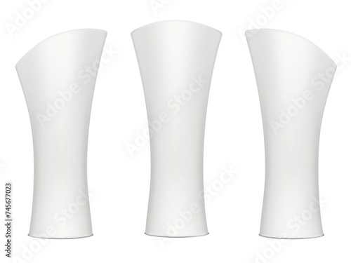 Blank white promotional pillar banner display stand vector mockup set. Advertising column template. Trade show tower mock-up