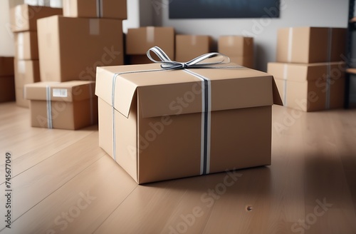 Gift box in kraft paper on background of other boxes