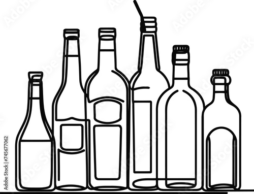 alcholol bottle in continuous line drawing minimalist style, food illustration.