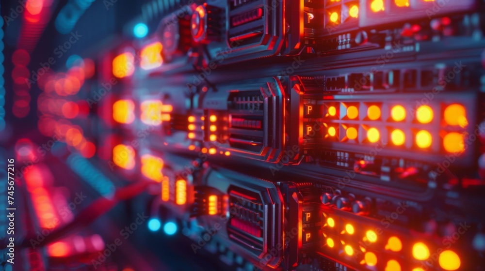 Close-up view of a data center server rack with vibrant red LED lights indicating active data processing and network operations.