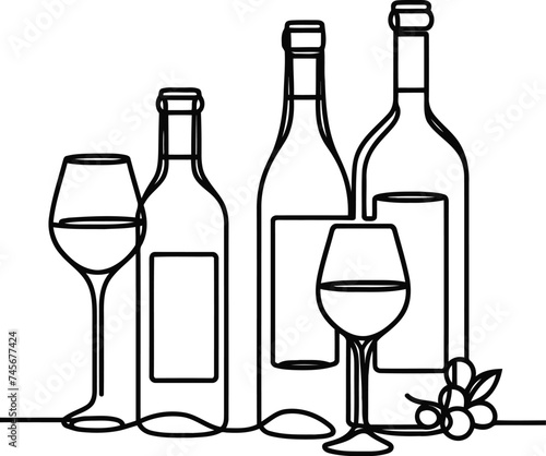 wine drink in continuous line drawing minimalist style, food illustration, party, valentine, bottle of wine, 
