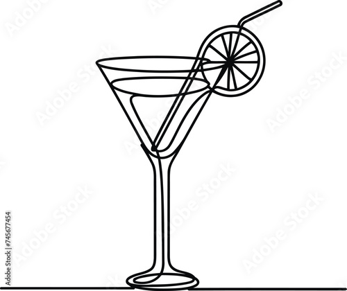 cocktail in continuous line drawing minimalist style, food illustration.