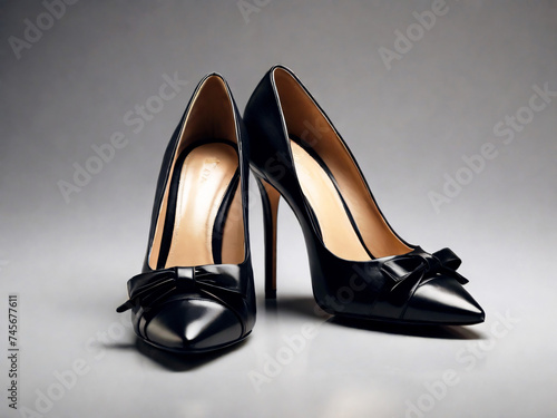 Sophisticated black high heels with bows on the toes, elegantly presented on a dark backdrop