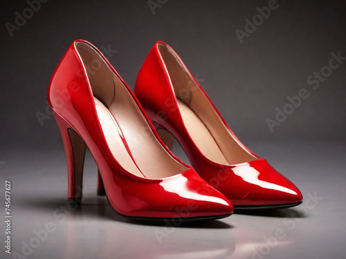 A pair of vibrant red high heels with a glossy finish presented against a dark background, conveying luxury and style