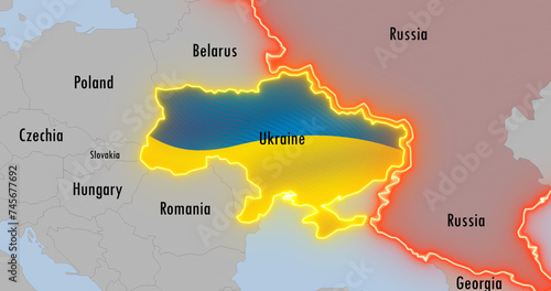 Russia and Ukraine map on world map. Borders of Russia and Ukraine. photo