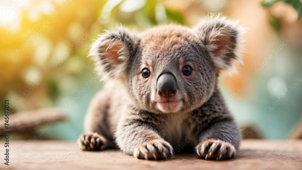 Obraz premium Close-up of a cute koala cub perched on a wooden surface against a blurred background, highlighting its innocence and playfulness