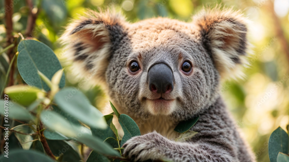 Fototapeta premium This charming photograph captures a koala bear in its natural habitat, an engaging image for wildlife and animal themes