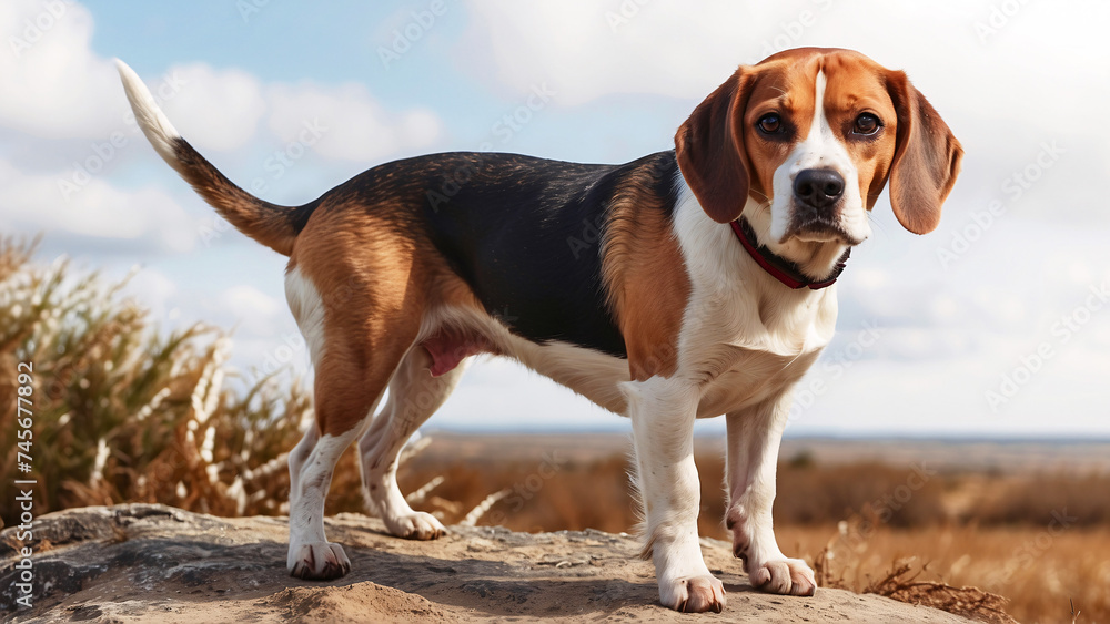 Alert and attentive Beagle dog standing on a rock with a vast landscape behind