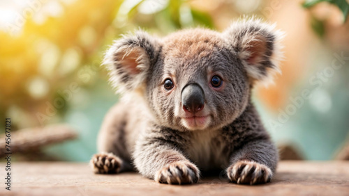 Close-up of a cute koala cub perched on a wooden surface against a blurred background, highlighting its innocence and playfulness