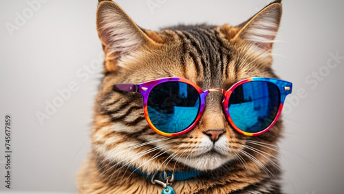 A close-up of a fashionable tabby cat exuding attitude with vibrant sunglasses, blurring the line between human and animal style